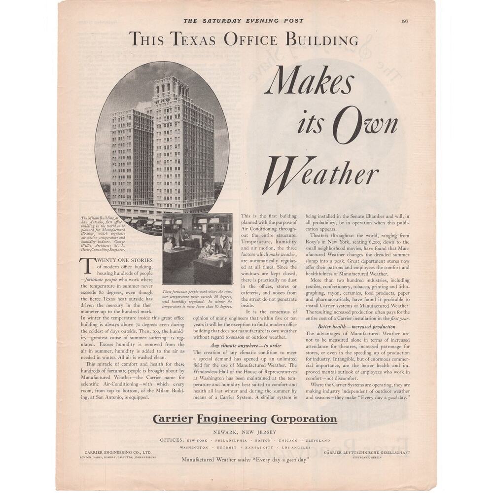 Carrier Engineering Corporation Magazine Advertisement 1929 Vtg Milam Building